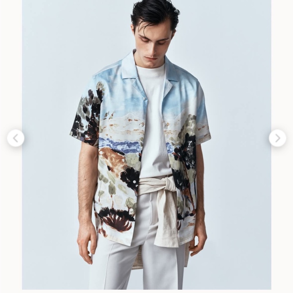 H&M Art Print 100% Tencel Lyocell Short Sleeve Camp Shirt Trees Watercolor Men